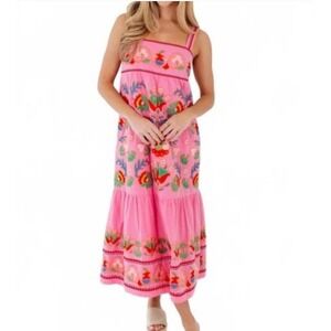 J. Marie Size Large Landon Hot Pink Midi Embroidered Dress NWT